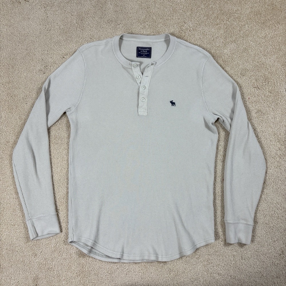 Abercrombie & Fitch Mens Long Sleeve Waffle Knit Thermal Henley Shirt Medium Tan
